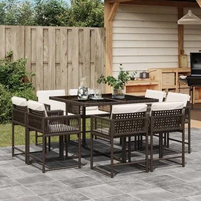 Produktbild von 9-tlg. Garten-Essgruppe mit Kissen Braun Poly Rattan, Gartenmöbel-Sets 2024 Neu