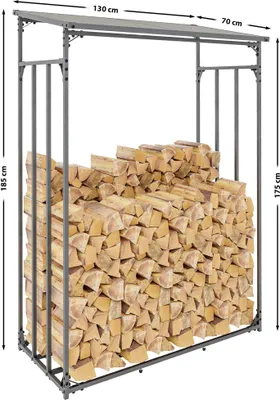 A metal firewood rack filled with logs, shown outdoors with dimensions indicated.
