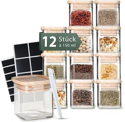 Produktbild von Famanu Gewürzgläser Set 150 ml, stapelbar, rechteckig, mit Holzdeckel