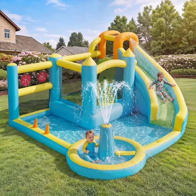 Immagine prodotto di Parco acquatico gonfiabile per bambini Merax con scivolo, piscina per bambini, fontana, trampolino e gioco degli anelli, castello gonfiabile acquatico da giardino, colorato