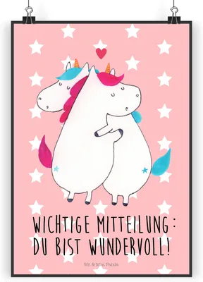 Produktbild von Mr. & Mrs. Panda Bild Einhorn Mitteilung DIN A3 - Rot Pastell - Geschenk, Wandbild, Plakat, Liebe, Deko, drucke, Unicorn, Valentinstag, Kunstdruck, Einhörner, Spruch