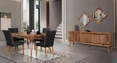 Obrázok produktu pre Jedálenský set jedálenský stôl 4 stoličky príborník stoly drevené dizajnové skupiny set 6 ks