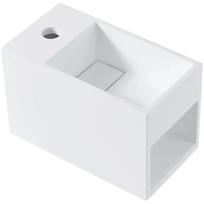 Zdjęcie produktu dla szkło ceramiczneO – Umywalka z odlewanego marmuru Zeno, wisząca, lewa – biała matowa – 33 x 18 cm