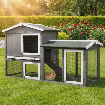 Produktbild von MyAnimal Hasenstall MH-03 | Hasenkäfig Zweistöckig - Freilaufgehege - Kaninchen Stall - 4 Türen - Kleintierstall - Wetterfest - Wasserabweisendes Dach