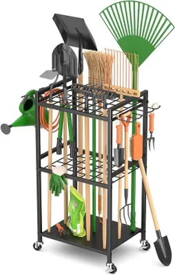 Image de Rangement pour outils de jardin - Étagère de rangement mobile - Rangement d'outils - Revêtement anticorrosion - 80 x 40 x 34 cm - Noir
