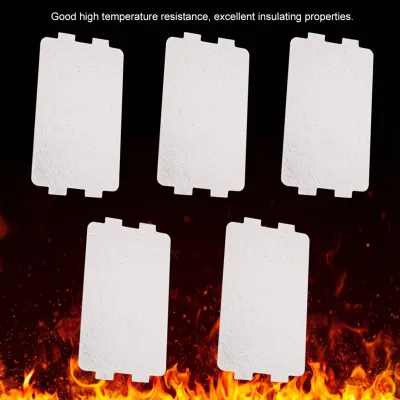 Five white mica sheets are arranged in two rows against a background of flames and smoke.