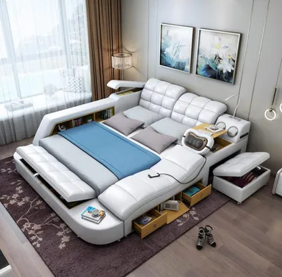 Produktbild von Bett Doppel Regale Leder Polster Betten Multifunktion mit Massagefunktion Neu