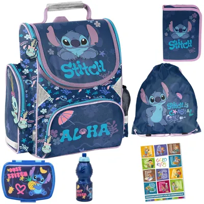 Produktbild von Schulranzen für Jungen und Mädchen, 6er-Set - Schul-Rucksack für Kinder mit Federmäppchen - Schuhbeutel Trinkflasche und Brotdose- Stitch Motiv