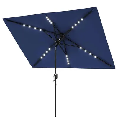 Produktbild von Gartenschirm - Rechteckig 1,98 x 3,05 m - Solar-LED-Beleuchtung - Kurbel & Druckknopf-Neigung - Klappbar - Eisengestell - Marineblau