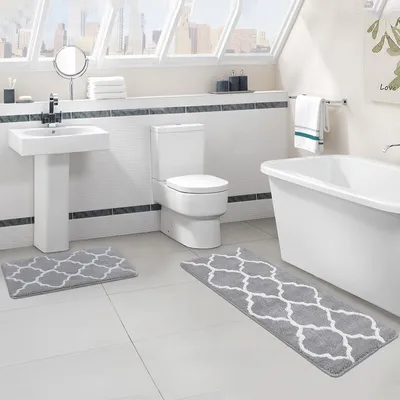 Produktbild von 2 kusy rohože do vany Protiskluzová geometrická rohož z mikrovlákna Absorpční rohož do vany, kterou lze prát v pračce - šedá