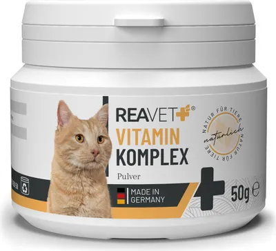 A white plastic container of cat vitamin powder with an image of a cat on the label.