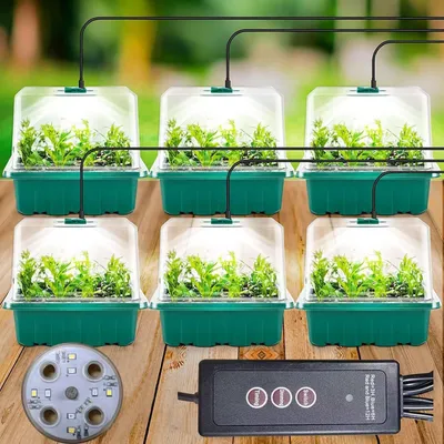 Zdjęcie produktu dla Zestaw do uprawy w szklarni pokojowej, 6 sztuk z wysoką pokrywą i sterownikiem czasowym (8 diod LED) – w zestawie tacki, etykiety i narzędzia
