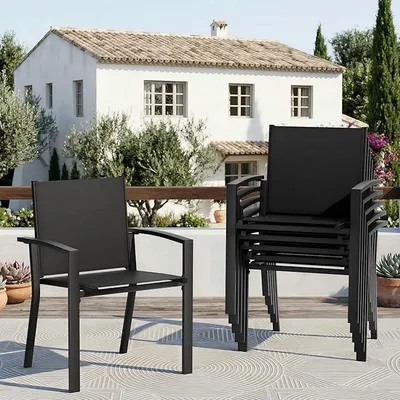 Productafbeelding van Set van 6 stapelbare tuinstoelen met armleuningen - Tuinstoel met hoge rugleuning, gemaakt van Textilene en metaal, weerbestendig en roestvrij - Comfortabele tuinstoel voor tuin, balkon en terras, zwart