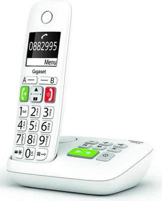 A white Gigaset E290A analog/DECT cordless phone is shown on its charging base against a white background.