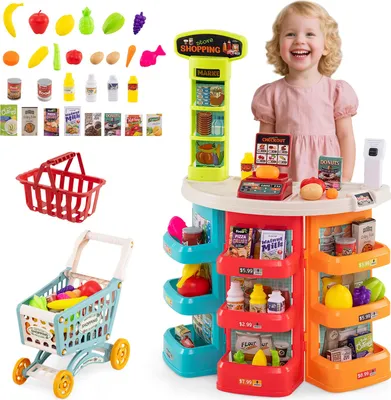 Obrázok produktu pre COSTWAY 76-dielny supermarket s nákupným vozíkom, váhou, svetlom, zvukom, hracími potravinami a doplnkami, obchod, obchod s potravinami pre deti 3 + modrá
