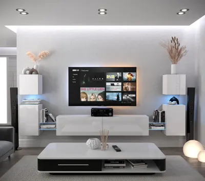 Produktbild von Furnitech Wohnwand Wohnzimmer - Wohnzimmer Möbel mit LED Blau - Hängend Wohnwand Modern - Regale und TV Schrank (AN105-21W-HG2 1B)