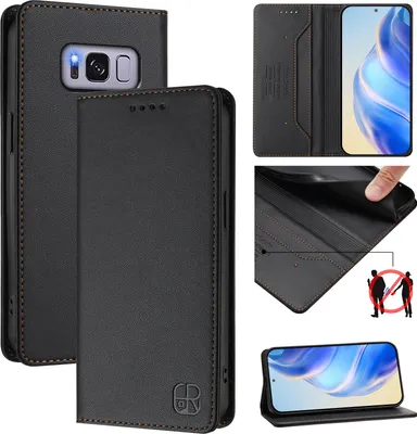 Immagine prodotto di Custodia in pelle per Samsung Galaxy S8, custodia flip con slot per carte, portafoglio e supporto Nero