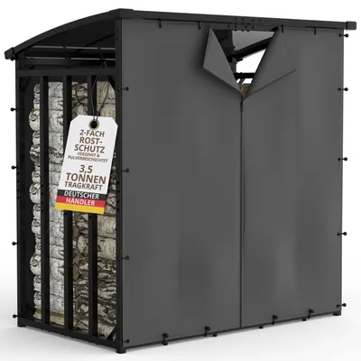 Productafbeelding van Haardhoutrek buiten staal met design dak 185x105x185cm, gegalvaniseerd zwart, 1m diep, profielen 4x4cm, draaglast 3,5t, 25cm blokken, 2 afdekzeilen