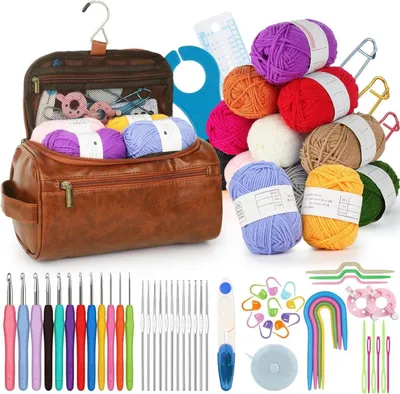 Produktbild von 69-teiliges Häkelset für Anfänger: Ergonomische Häkelnadeln, Acrylwolle, praktisches Zubehör, Leder-Tasche