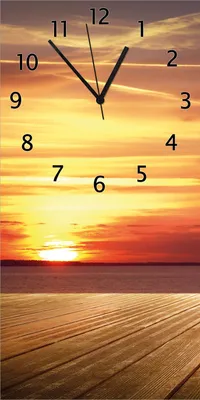 Produktbild von Wallario Design Wanduhr bedruckt, Größe 30 x 60 cm, Motiv: Steg am See - Sonnenuntergang und roter Himmel