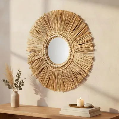 Zdjęcie produktu dla Lustro z motywem wodorostów, średnica 55 cm, okrągłe lustro ścienne, lustro do przedpokoju, dekoracja ścienna, styl boho, motywy natury
