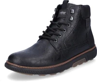 A black leather boot on a white background.
