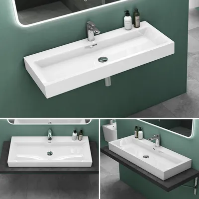 Produktbild von Mai & Mai Breite: 120cm Waschbecken Aufsatz-Waschschale Hänge-Becken Mineralguss in weiß 1 Armaturenloch Bad Eckig Col06