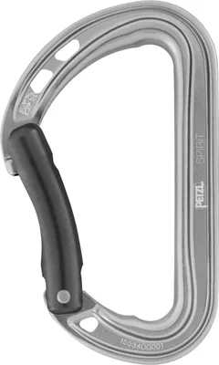 Silberner Petzl Spirit Karabiner mit schwarzem Schnappverschluss aus Metall