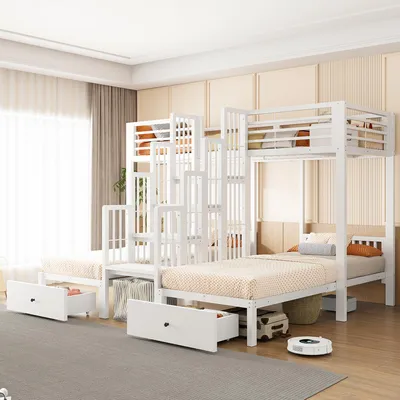 Produktbild von Merax Etagenbett 90x200cm mit Treppe, Kinderbett mit 2 Schubladen und Rausfallschutz, Doppelstockbett mit Metallrahmen für 3 Personen, Weiß