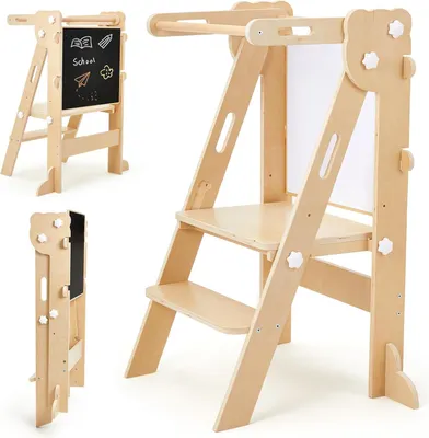 Produktbild von Faltbarer Montessori-Lernturm mit doppelseitiger Tafel 3 in 1 - In Höhe und Breite verstellbarer Lernturm ab 1 Jahr für die Küche (Holz)