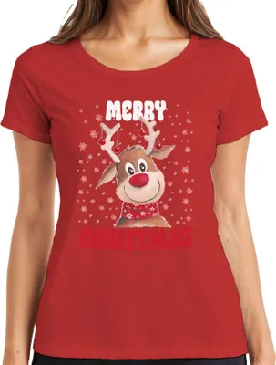 Produktbild von Merry Christmas Reh Rentier Süß - Weihnachten Xmas Christmas Damen T-Shirt, Rot, XL