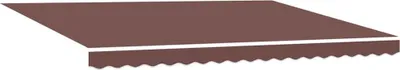 A brown awning with a white stripe and a scalloped edge.