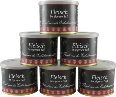 Produktbild von Fleisch im eigenen Saft vom Eichelmastschwein 6er Pack (6 Dosen à 200 g)