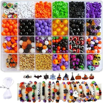Produktbild von Perlen Bastelset – 1300-teilig – Armband Bastelset für Mädchen – Halloween Schmuck DIY Set – Polymer Clay Perlen – Halloween Perlen