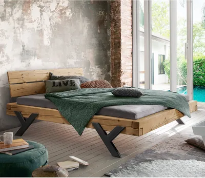 Produktbild von Massivholz Doppelbett, 200x200 cm, Fichte massiv, Holzkopfteil, schwarze Beine in Y-Form, UPPSALA-137, B/H/T ca. 218/88/228 cm