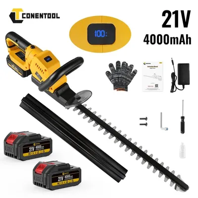 Produktbild von Akku Heckenschere 55 cm Doppelmesser 90° drehbar Strauchschere Gartenschere mit 2 Akkus Ladegerät LED Anzeige 21V 600W Motor bis 15000 U min Handschutz