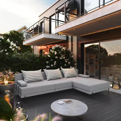 Produktbild von TRADA Gartensofa lounge set Bahama S Streifen Grau Gartenmöbel set Wasserabweisend Stoff Rechts L-form