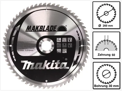 A circular saw blade with brand and technical specifications displayed.