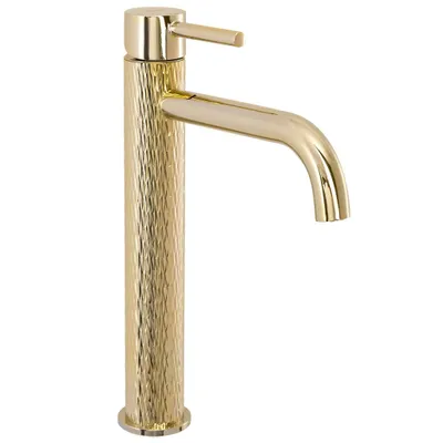 A close-up studio shot of a gold-colored faucet.