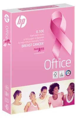 A pink HP Office paper ream box with a pink ribbon for breast cancer awareness, featuring a group of women smiling.