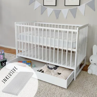 Image de Lit bébé 60x120 cm avec tiroir et matelas Lit d'enfant à barreaux réglable en hauteur & barreaux amovibles | blanc très stable  Europe