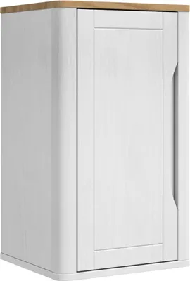 A white bathroom wall cabinet with a wooden top.