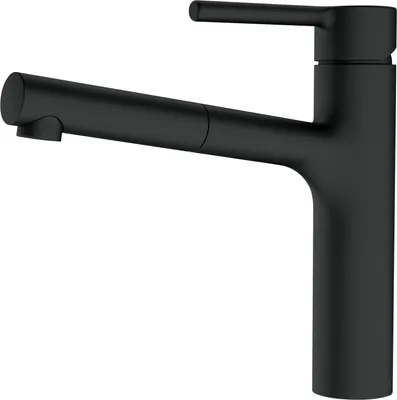 A black kitchen faucet with a pull-out spout is shown against a white background.