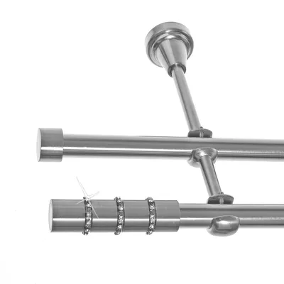Produktbild von Gardinenstange Set Edelstahl Look Metall Ø 19mm zur Wandbefestigung 2-lauf Kristall, Länge wählbar H28 E67 E61