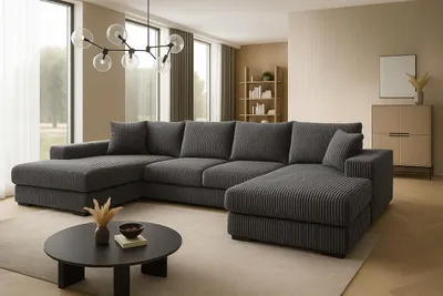 Produktbild von Ecksofa VIENA 328x182 cm mit Schlaffunktion, Bonellfederkern und Bettkasten, Farbe Dunkelgrau