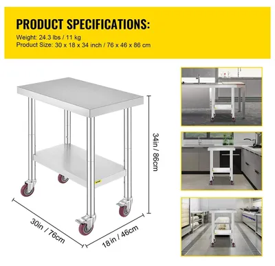 Image de Table de travail en acier inoxydable - Chariot de cuisine - Îlot de cuisine - Chariot de service - Table de travail de cuisine - Îlot de cuisson
