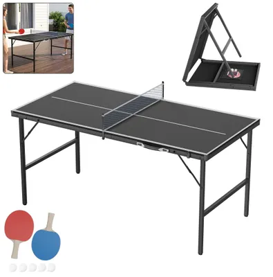 Zdjęcie produktu dla XMTECH Składana stolik do ping-ponga, 152,5x76 cm, wykonany z MDF, mini zestaw do gry w ping-ponga do użytku w pomieszczeniach, z siatką, rakietkami, piłkami i torbą. Składany, oszczędzający miejsce, kolor: czarny