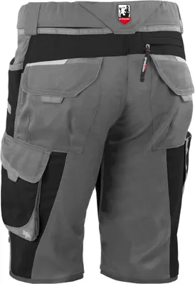 The back view of a pair of grey and black work shorts.
