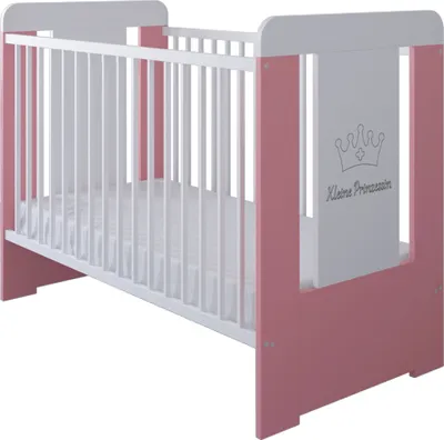 Produktbild von Babybett Gitterbett mit Matratze & Kleine Prinzessin Gravur 60x120 höhenverstellbar | herausnehmbare Sprossen weiss pink Mädchen Europe