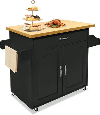 Produktbild von Schwarzer Küchenwagen mit Rollen, Servierwagen und Küchenschrank | Stabile Rollen mit Bremse, viel Stauraum und Arbeitsplatte für Kaffeebar, Outdoor-Küche und Servieren
